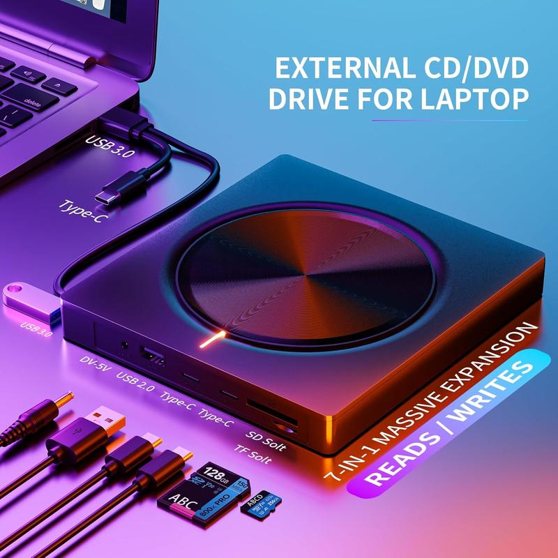 💿 Cash on Delivery 🎵 DVD Player, Plug and Play CD-ROM Drive for PC & Laptop – High-Speed 8 in 1 USB 3.0 CD/DVD Burner, Compatible with Mac, Windows 11/10/8/7 Portable – Free Shipping