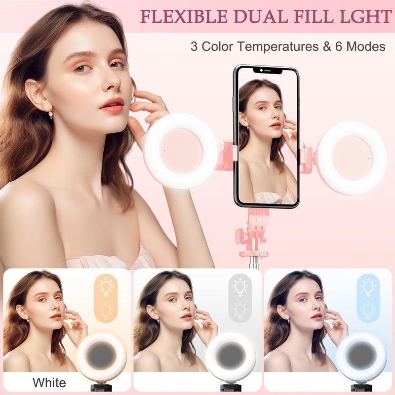 A12 Pink Bluetooth Selfie Stick Tripod with Dual LED Lights – 7-Section Extendable, Wireless Remote, for Android iPhone – Vlogging & Live Streaming