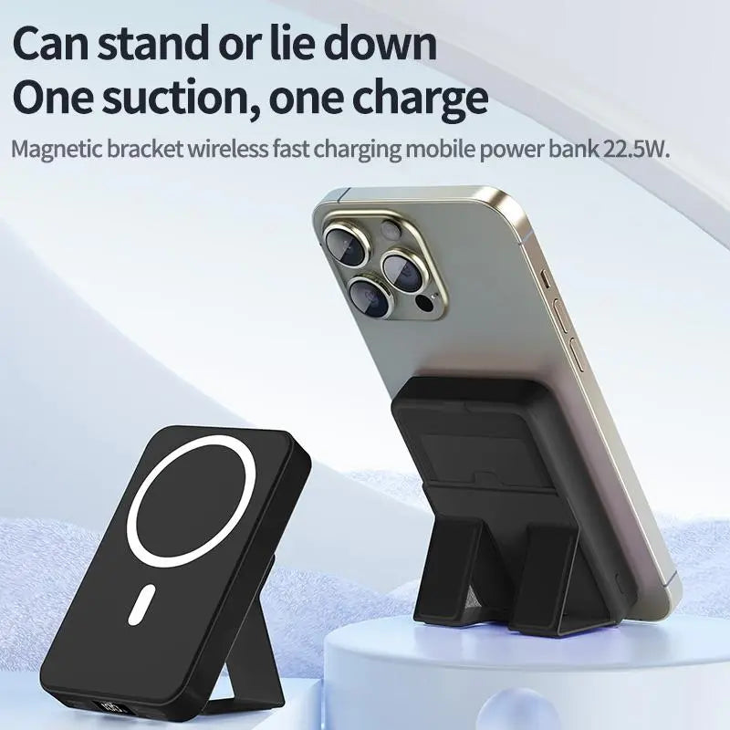 22.5W Super Fast Charging Power Bank with Built-in Cable & Stand – 10000mAh Magnetic Wireless Portable Charger, Large Capacity, USB-C/Lightning Cable, Foldable Stand