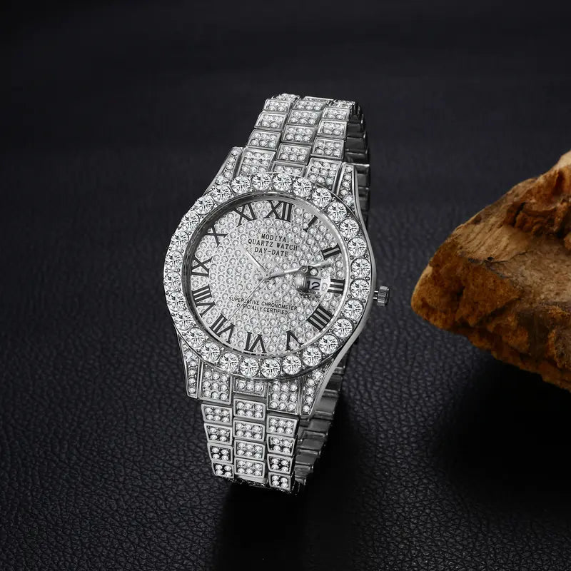Men's Rhinestone Diamond Watch - Luxury Roman Numeral Quartz Analog, Waterproof Date Wrist Watch for Business Casual & Dress