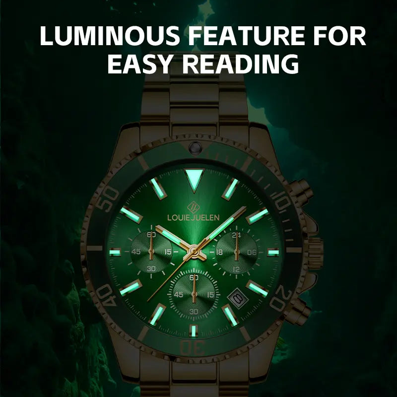 LOUIE JUELEN Green Ghost Series Men's Watch – 42mm Swiss Movement, Sapphire Crystal, Classic Green Dial Design, Swiss Craftsmanship, Gift Box Included
