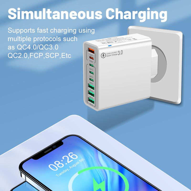 🔌 Cash on Delivery 🎵 8-Port Fast Charger – 4 USB-A + 4 PD (QC3.0+PD30W), 120W Total Output, PC Flame Retardant Material, Waterproof Ports – Free Shipping