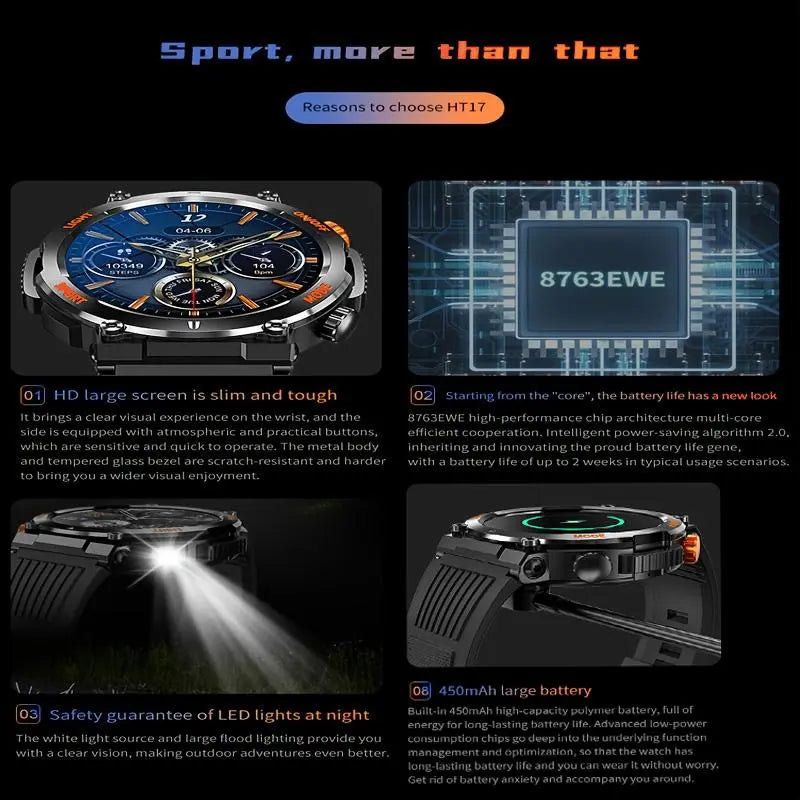 1.46 Inch HD Screen Smartwatch - Multi-functional Outdoor Sports Fitness Tracker with Wireless Calling, Multi-sport Mode, Pedometer, LED Light & Waterproof Health Watch for Android iOS Men Women