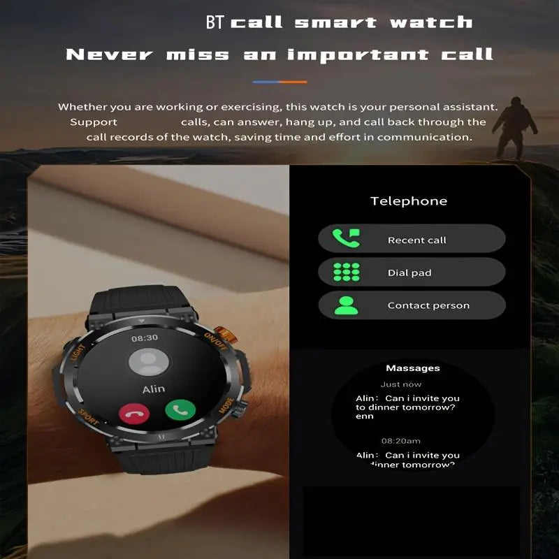 1.46 Inch HD Screen Smartwatch - Multi-functional Outdoor Sports Fitness Tracker with Wireless Calling, Multi-sport Mode, Pedometer, LED Light & Waterproof Health Watch for Android iOS Men Women