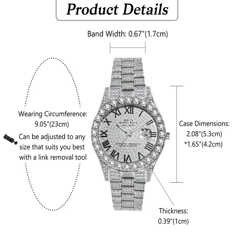 Men's Rhinestone Diamond Watch - Luxury Roman Numeral Quartz Analog, Waterproof Date Wrist Watch for Business Casual & Dress