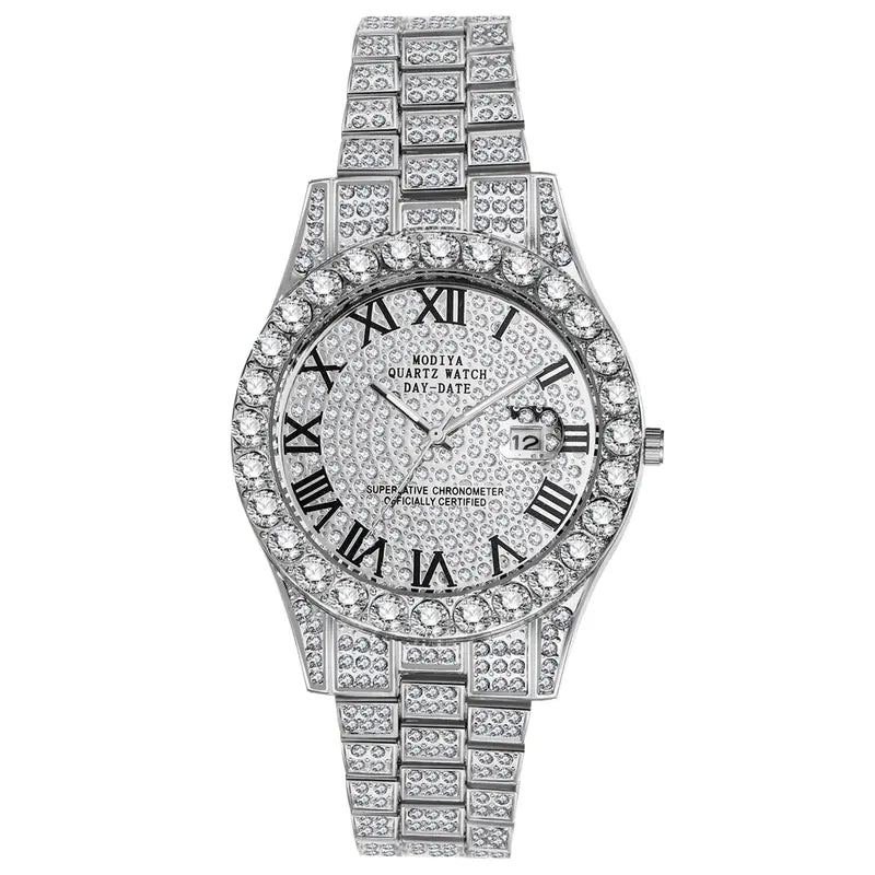 Men's Rhinestone Diamond Watch - Luxury Roman Numeral Quartz Analog, Waterproof Date Wrist Watch for Business Casual & Dress