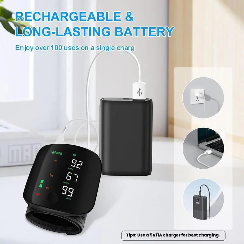 Wrist Blood Pressure Monitor – Rechargeable with LED Display, Voice Broadcast, Touch Screen, 99x2 Memory & Carrying Case