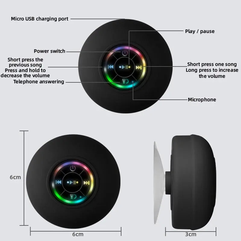 Mini Bluetooth Shower Speaker with LED Light - Portable IPX4 Waterproof Hands-Free Speakerphone for Beach Shower & Home