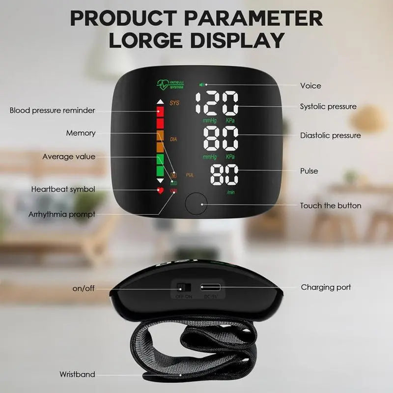 Wrist Blood Pressure Monitor – Rechargeable with LED Display, Voice Broadcast, Touch Screen, 99x2 Memory & Carrying Case