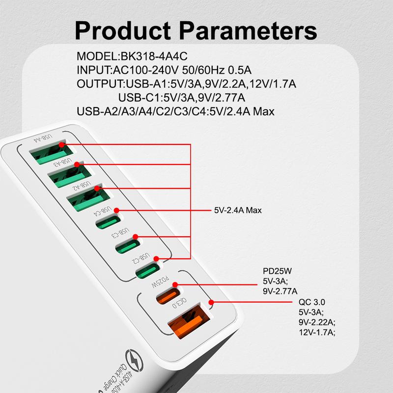 🔌 Cash on Delivery 🎵 8-Port Fast Charger – 4 USB-A + 4 PD (QC3.0+PD30W), 120W Total Output, PC Flame Retardant Material, Waterproof Ports – Free Shipping