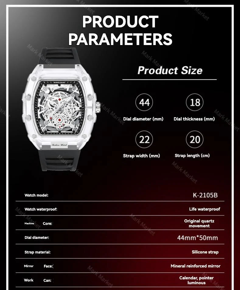 Men's White Luxury Barrel-shaped Transparent Waterproof Quartz Watch - Stylish Daily & Festival Gift with Box 🎵 Free Shipping & Cash on Delivery 📊