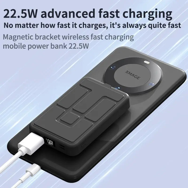 22.5W Super Fast Charging Power Bank with Built-in Cable & Stand – 10000mAh Magnetic Wireless Portable Charger, Large Capacity, USB-C/Lightning Cable, Foldable Stand