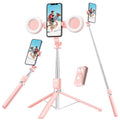A12 Pink Bluetooth Selfie Stick Tripod with Dual LED Lights – 7-Section Extendable, Wireless Remote, for Android iPhone – Vlogging & Live Streaming
