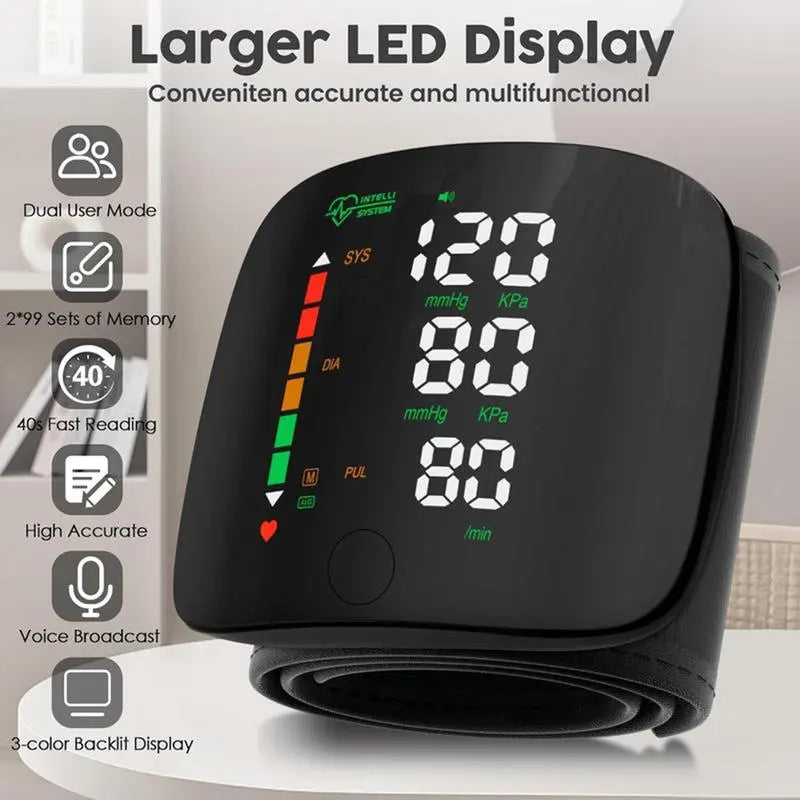 Wrist Blood Pressure Monitor – Rechargeable with LED Display, Voice Broadcast, Touch Screen, 99x2 Memory & Carrying Case