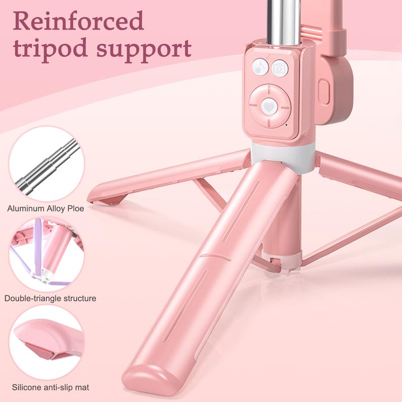 A12 Pink Bluetooth Selfie Stick Tripod with Dual LED Lights – 7-Section Extendable, Wireless Remote, for Android iPhone – Vlogging & Live Streaming