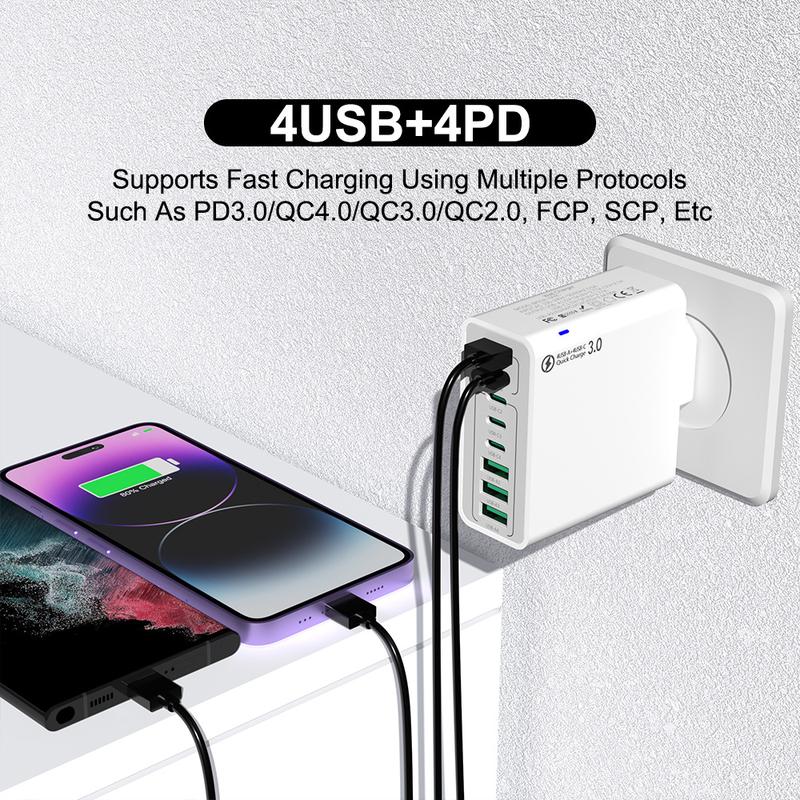 🔌 Cash on Delivery 🎵 8-Port Fast Charger – 4 USB-A + 4 PD (QC3.0+PD30W), 120W Total Output, PC Flame Retardant Material, Waterproof Ports – Free Shipping
