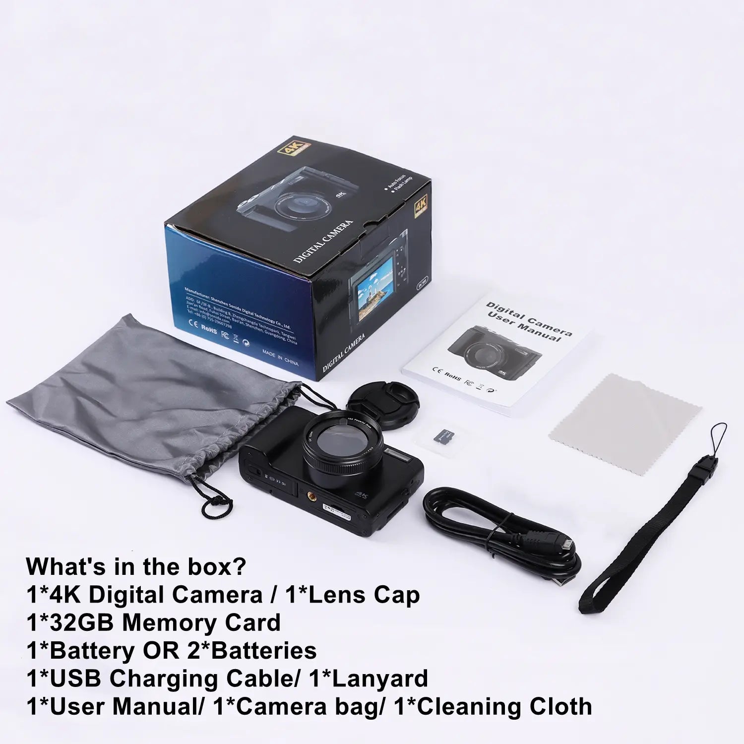 GLOBAL PICK 4K Digital Camera - 48MP Vlogging Camera with 16X Zoom Flip Screen, 32GB Card, Portable Compact Black Camera Summer Gift