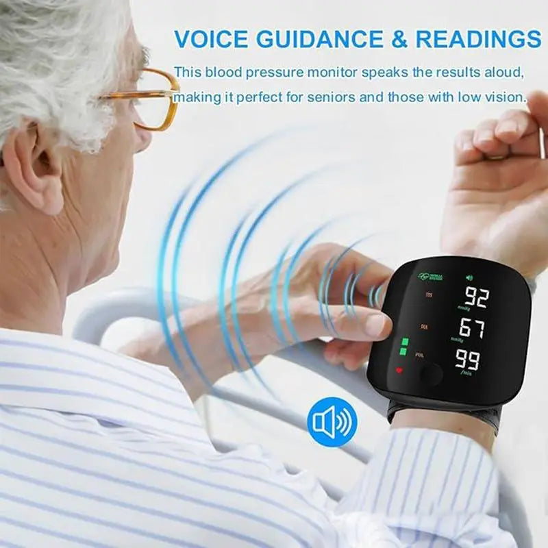 Wrist Blood Pressure Monitor – Rechargeable with LED Display, Voice Broadcast, Touch Screen, 99x2 Memory & Carrying Case
