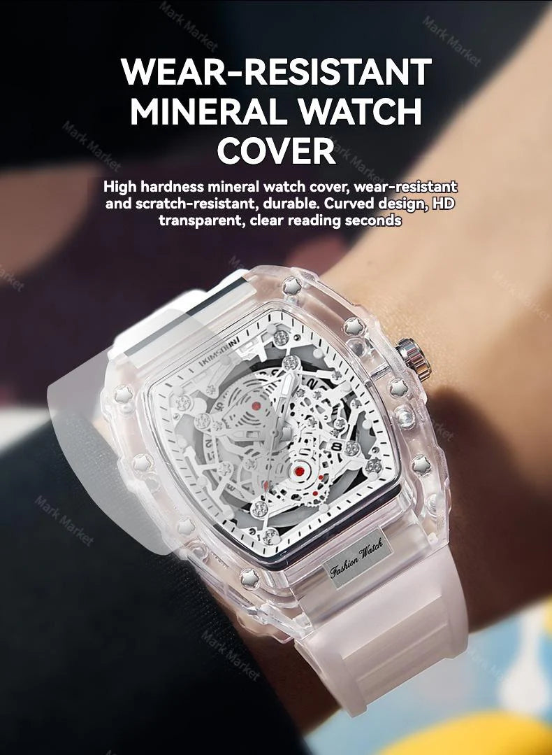 Men's White Luxury Barrel-shaped Transparent Waterproof Quartz Watch - Stylish Daily & Festival Gift with Box 🎵 Free Shipping & Cash on Delivery 📊