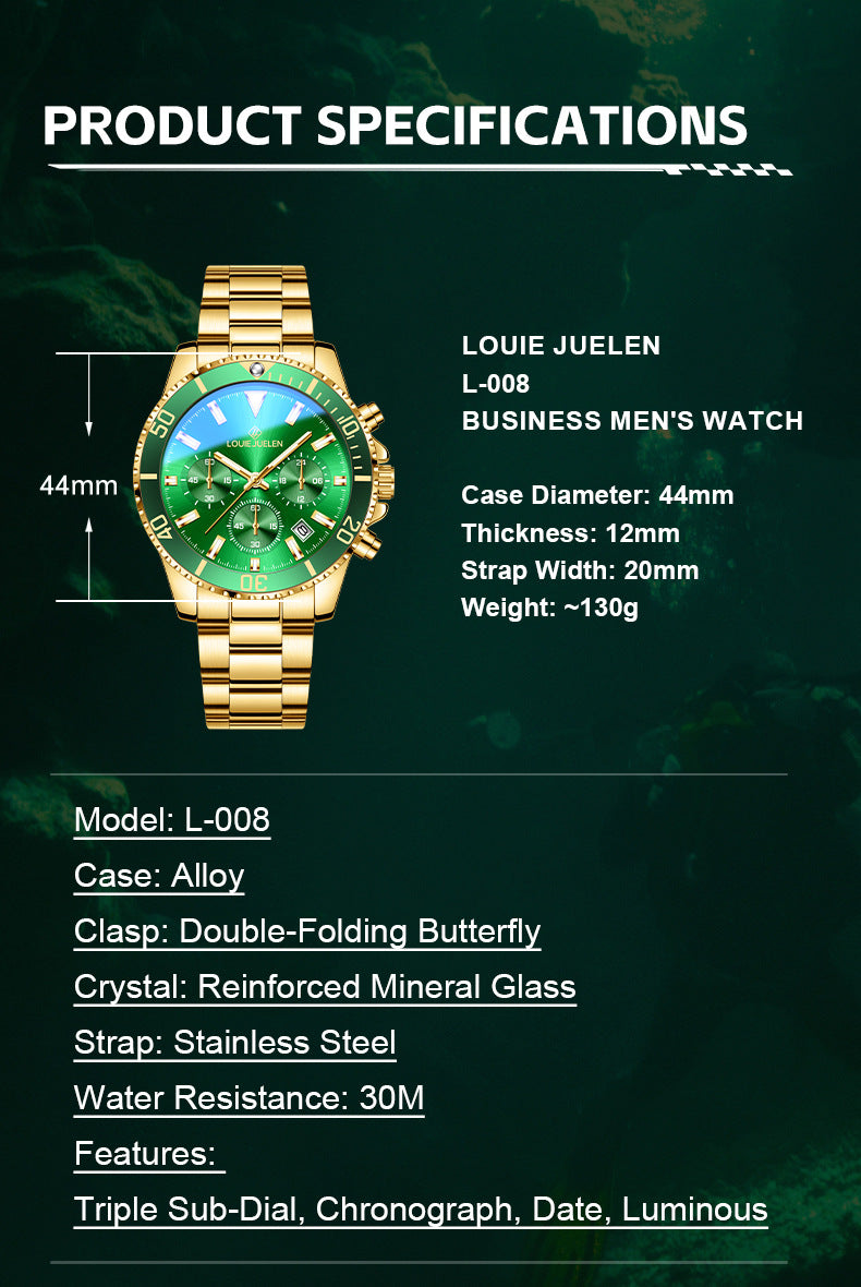 LOUIE JUELEN Green Ghost Series Men's Watch – 42mm Swiss Movement, Sapphire Crystal, Classic Green Dial Design, Swiss Craftsmanship, Gift Box Included