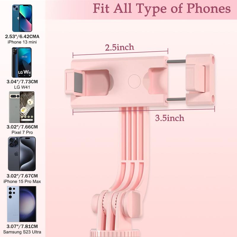 A12 Pink Bluetooth Selfie Stick Tripod with Dual LED Lights – 7-Section Extendable, Wireless Remote, for Android iPhone – Vlogging & Live Streaming