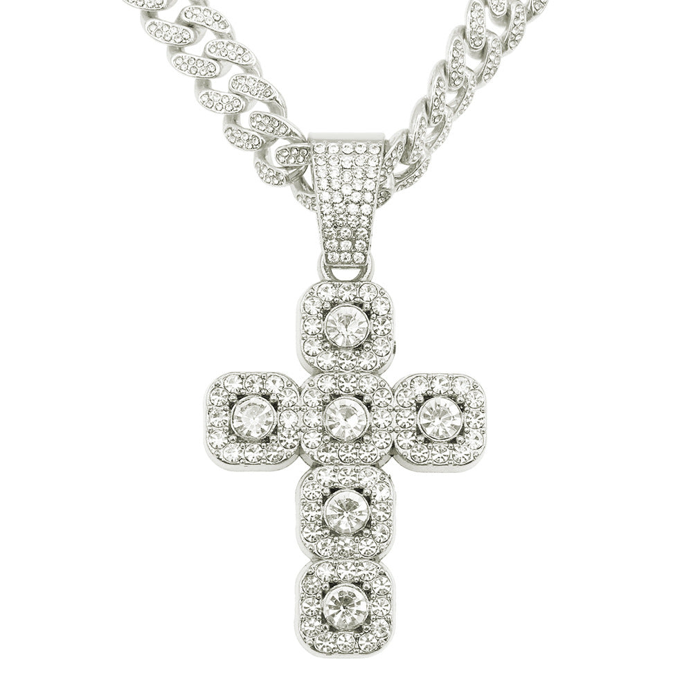 💎 Cash on Delivery 🎵 Hip Hop Artificial Diamond Cross Pendant Necklace – Zinc Alloy + Rhinestone, Bling Cuban Link Chain, 8.8×4.8cm Pendant – Streetwear Jewelry Gift for Men & Women – Free Shipping