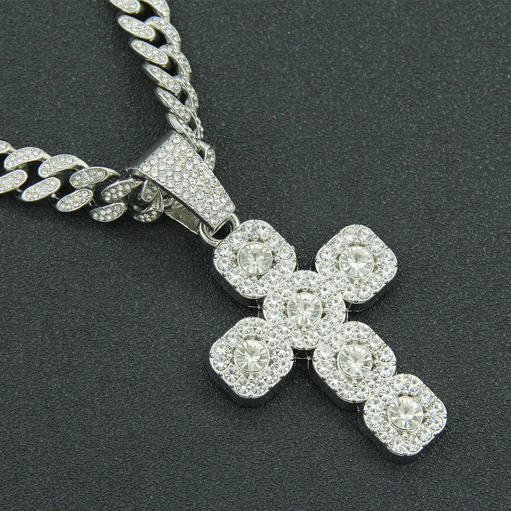 💎 Cash on Delivery 🎵 Hip Hop Artificial Diamond Cross Pendant Necklace – Zinc Alloy + Rhinestone, Bling Cuban Link Chain, 8.8×4.8cm Pendant – Streetwear Jewelry Gift for Men & Women – Free Shipping