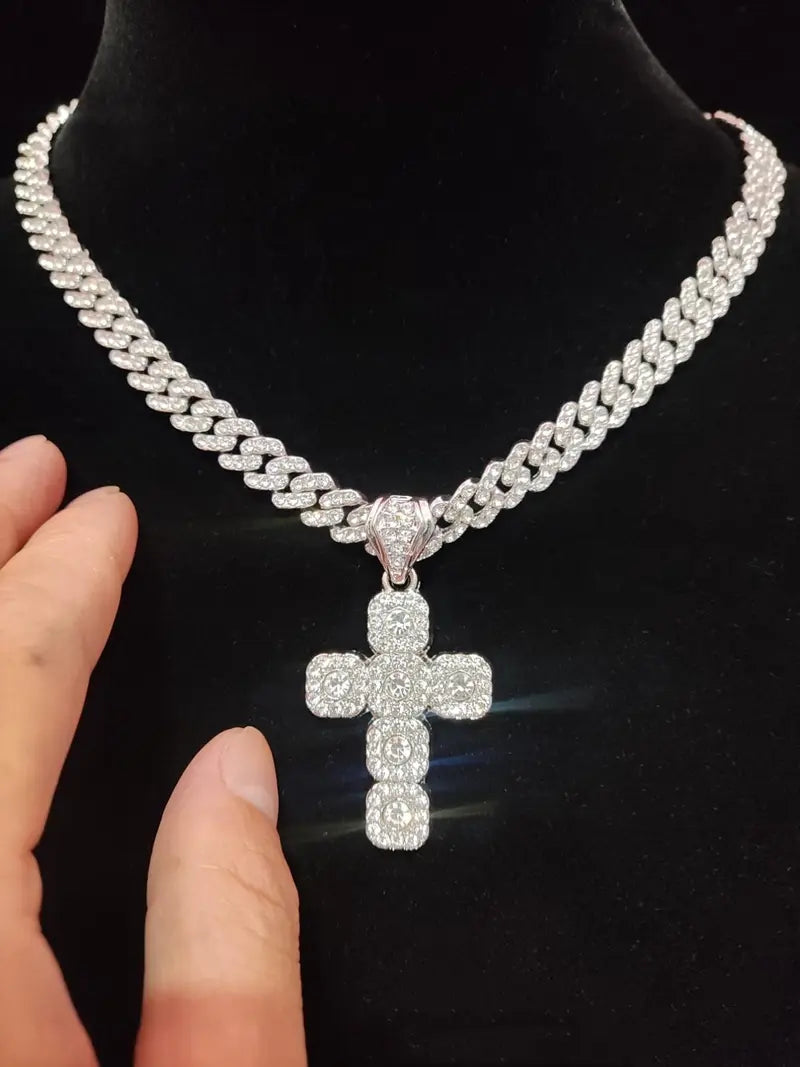 💎 Cash on Delivery 🎵 Hip Hop Artificial Diamond Cross Pendant Necklace – Zinc Alloy + Rhinestone, Bling Cuban Link Chain, 8.8×4.8cm Pendant – Streetwear Jewelry Gift for Men & Women – Free Shipping