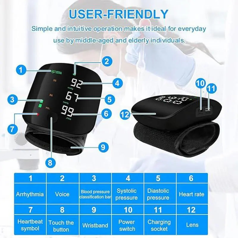 Wrist Blood Pressure Monitor – Rechargeable with LED Display, Voice Broadcast, Touch Screen, 99x2 Memory & Carrying Case