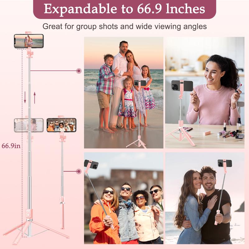 A12 Pink Bluetooth Selfie Stick Tripod with Dual LED Lights – 7-Section Extendable, Wireless Remote, for Android iPhone – Vlogging & Live Streaming