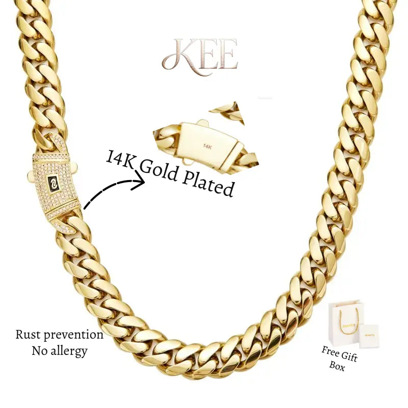 ✨ Cash on Delivery 🎵 14K Gold-Plated Cuban Chain – Necklace & Bracelet 2-in-1 Wearable Design | Latest Electroplating Rust-Proof | 14mm Miami Hip-Hop Style | Best Gift for Men & Women Couples – Free Shipping