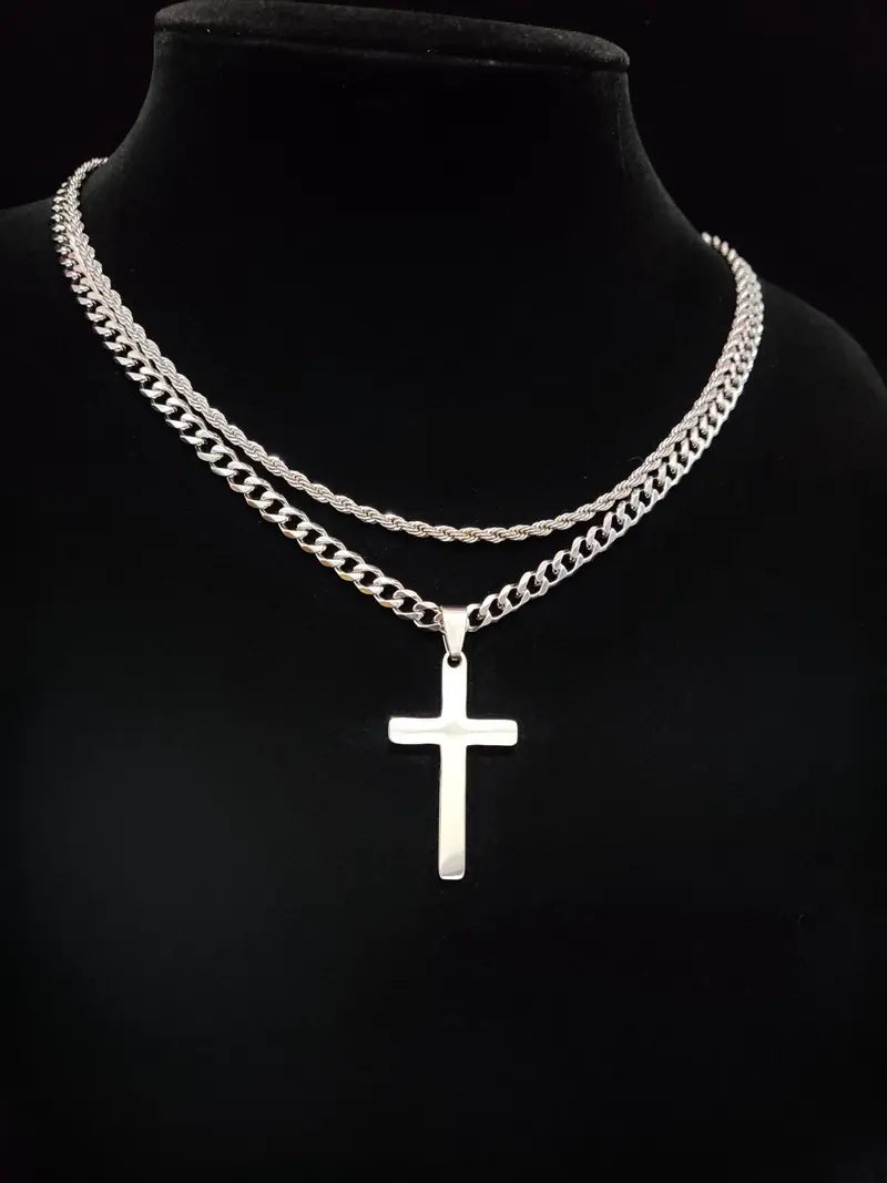 ⛪ Cash on Delivery 🎵 Cross Pendant & Dual Necklace Set – High End Stainless Steel Unisex Cross Charm Jewelry, Includes 45cm & 60cm Chains, All-Match Fashion Decor for Daily Party & Birthday Gift – Free Shipping