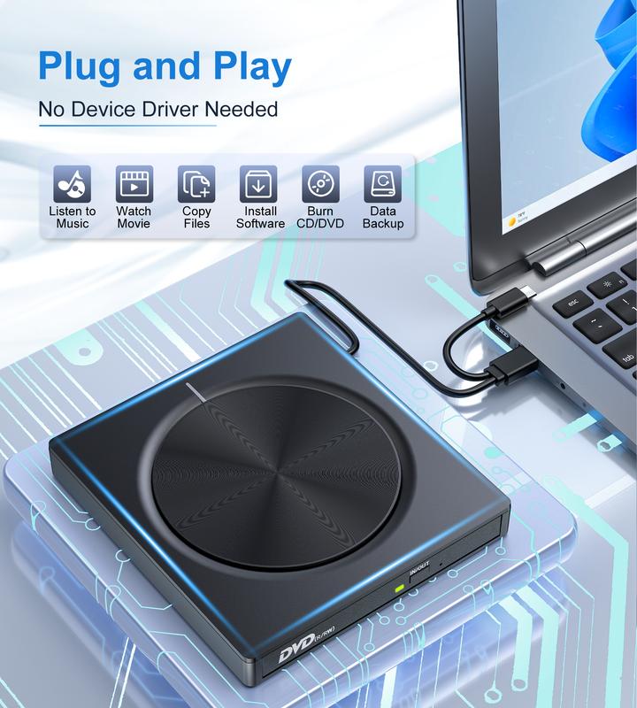 💿 Cash on Delivery 🎵 DVD Player, Plug and Play CD-ROM Drive for PC & Laptop – High-Speed 8 in 1 USB 3.0 CD/DVD Burner, Compatible with Mac, Windows 11/10/8/7 Portable – Free Shipping