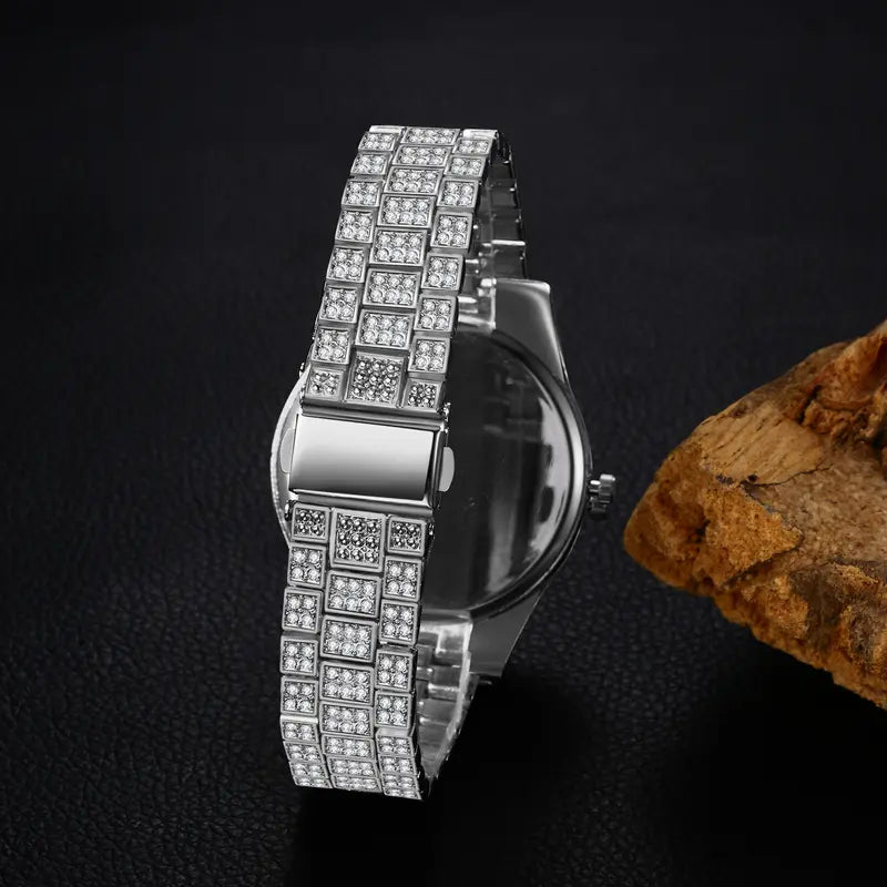 Men's Rhinestone Diamond Watch - Luxury Roman Numeral Quartz Analog, Waterproof Date Wrist Watch for Business Casual & Dress
